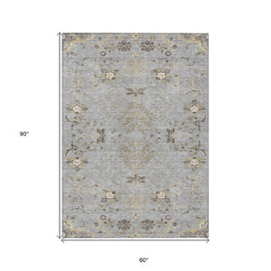 Homeroots 3' Floral Washable Area Rug In Artichoke Green, Brown, And Beige For Indoor Or Outdoor Spaces 5' X 8' Polyester 605474