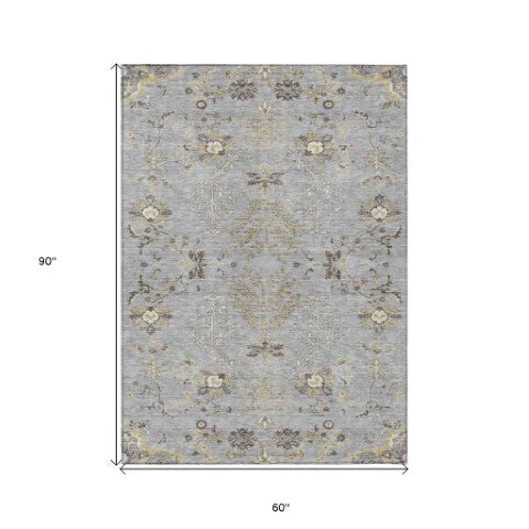 Homeroots 3' Floral Washable Area Rug In Artichoke Green, Brown, And Beige For Indoor Or Outdoor Spaces 5' X 8' Polyester 605474