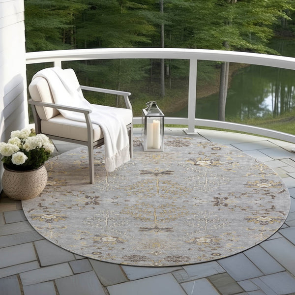 Homeroots 3' Floral Washable Area Rug In Artichoke Green, Brown, And Beige For Indoor Or Outdoor Spaces 8' Round Polyester 605475