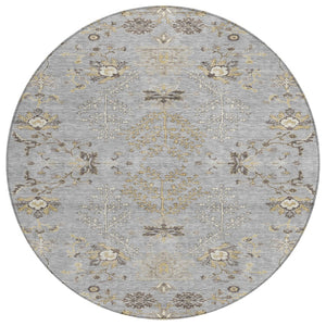 HomeRoots 5' Floral Washable Area Rug - Elegant Gray Beige Ivory Design for Indoor & Outdoor Spaces 8' Round 605475