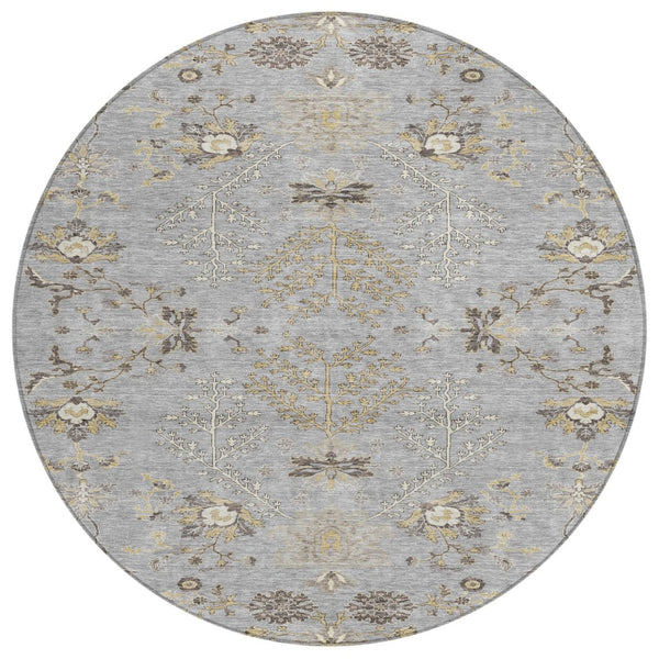 HomeRoots 5' Floral Washable Area Rug - Elegant Gray Beige Ivory Design for Indoor & Outdoor Spaces 8' Round 605475