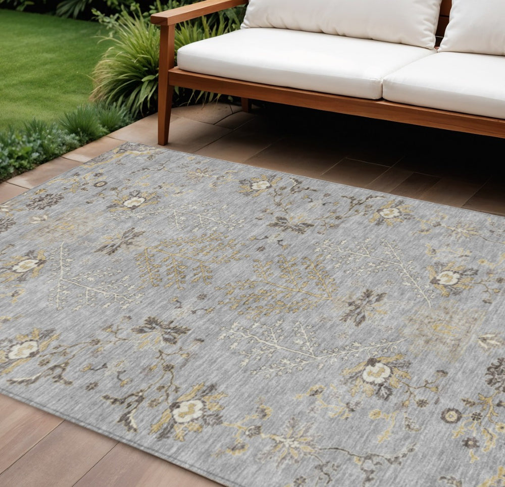 HomeRoots 5' Floral Washable Area Rug - Elegant Gray Beige Ivory Design for Indoor & Outdoor Spaces 8' X 10' 605476