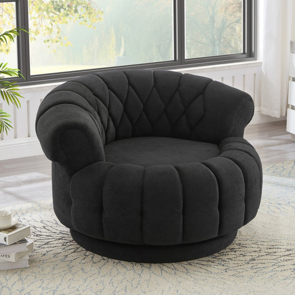 English Elm Swivel Barrel Accent Chair Chenille Tufted Round Club Seat for Living Room Lounge Black N719S002280B