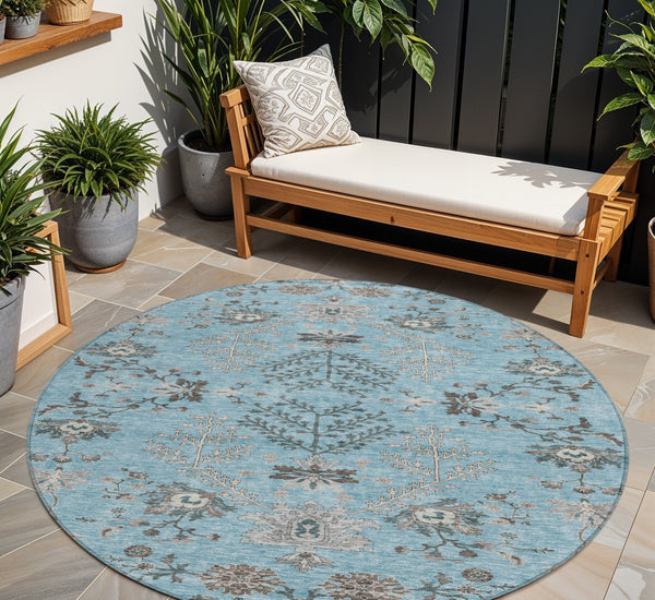 Homeroots 3' Floral Washable Area Rug In Artichoke Green, Brown, And Beige For Indoor Or Outdoor Spaces 8' Round Polyester 605487