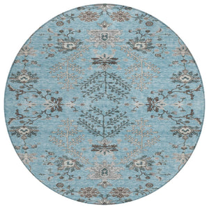 HomeRoots 5' Timeless Floral Washable Area Rug in Sky Blue and Gray - Durable for Indoor or Outdoor Use 8' Round 605487