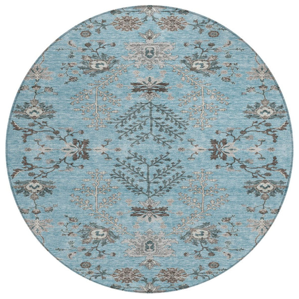 HomeRoots 5' Timeless Floral Washable Area Rug in Sky Blue and Gray - Durable for Indoor or Outdoor Use 8' Round 605487