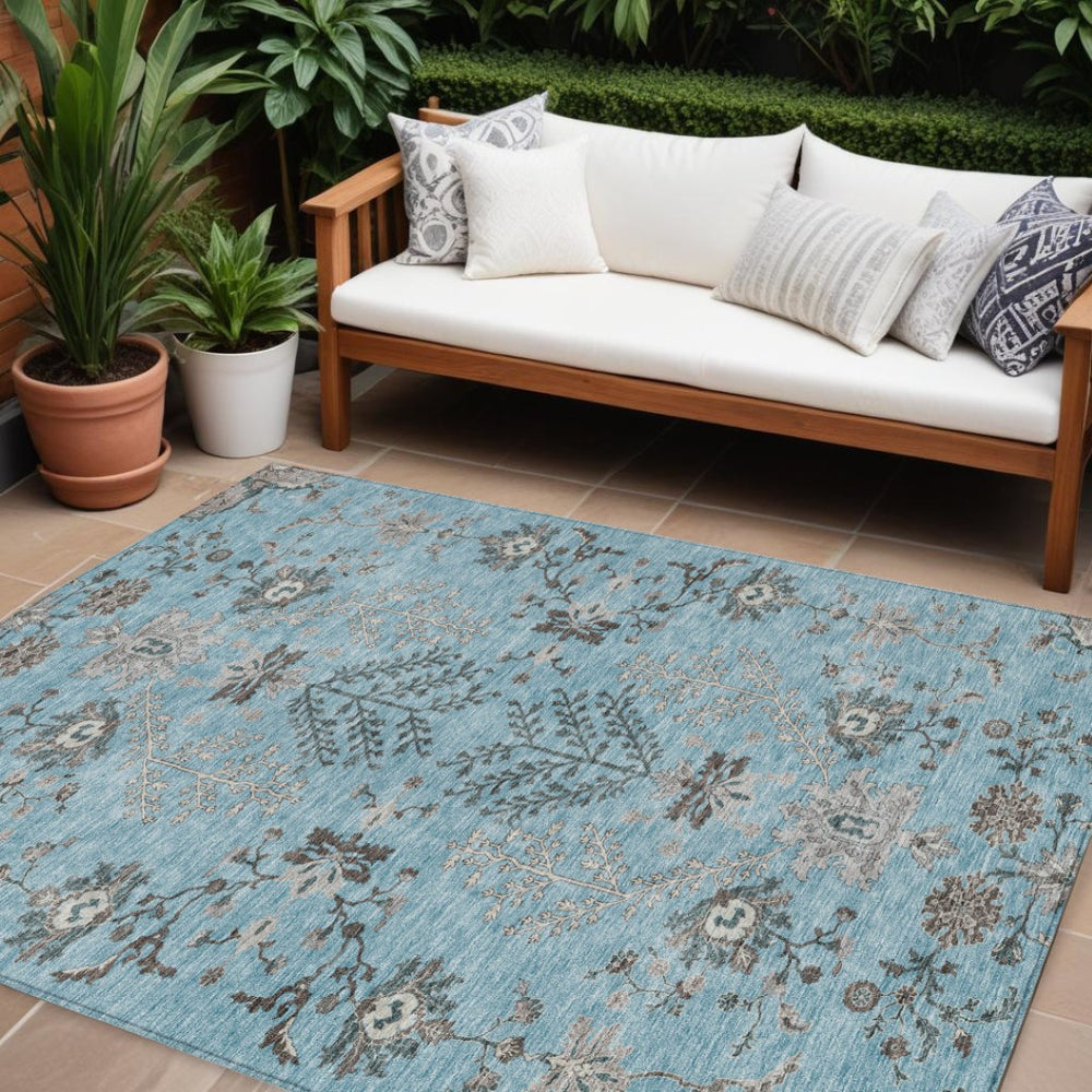 HomeRoots 9' Sky Blue Gray Charcoal Floral Area Rug - Durable, Washable Design for Indoor & Outdoor Elegance 605489