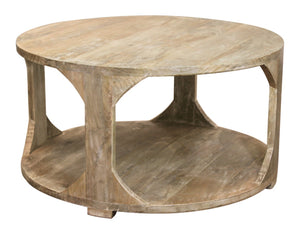 HomeRoots 34" Rustic Solid Wood Round Coffee Table with Distressed Finish & Versatile Storage Shelf Design 605492