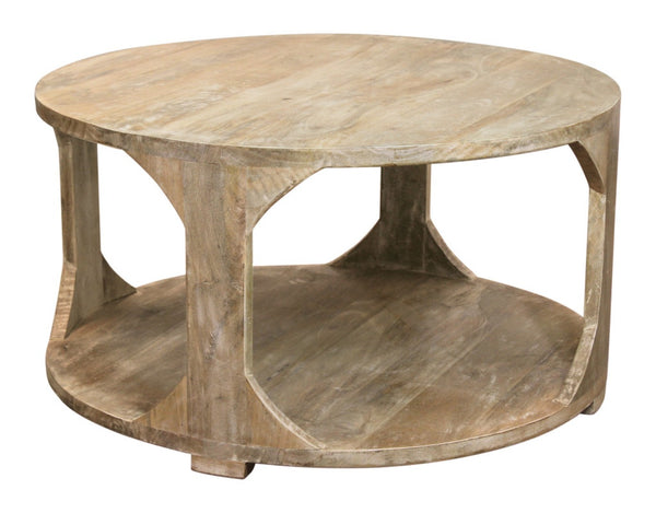 HomeRoots 34" Rustic Solid Wood Round Coffee Table with Distressed Finish & Versatile Storage Shelf Design 605492