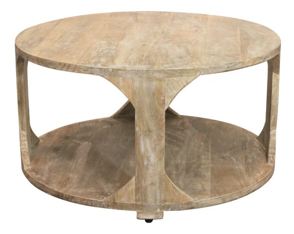 Homeroots 34" Natural Solid Wood Round Distressed Coffee Table With Shelf - Stylish & Rustic Home Accent Piece   605492