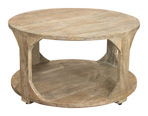 Homeroots 34" Natural Solid Wood Round Distressed Coffee Table With Shelf - Stylish & Rustic Home Accent Piece   605492