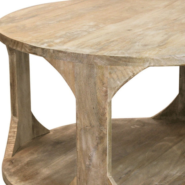 Homeroots 34" Natural Solid Wood Round Distressed Coffee Table With Shelf - Stylish & Rustic Home Accent Piece   605492