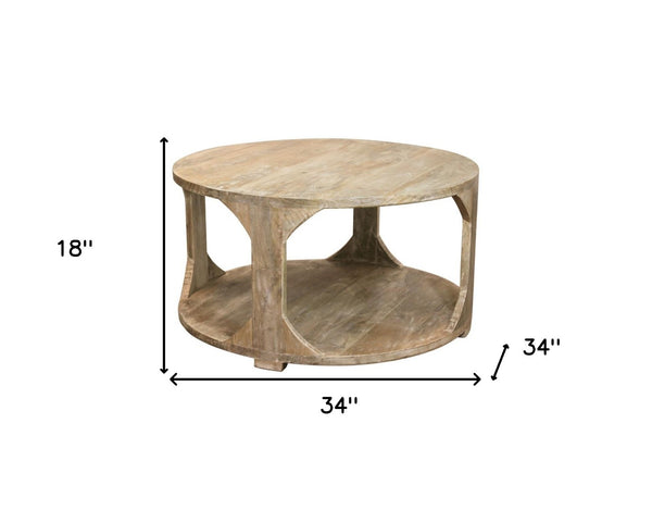 Homeroots 34" Natural Solid Wood Round Distressed Coffee Table With Shelf - Stylish & Rustic Home Accent Piece   605492