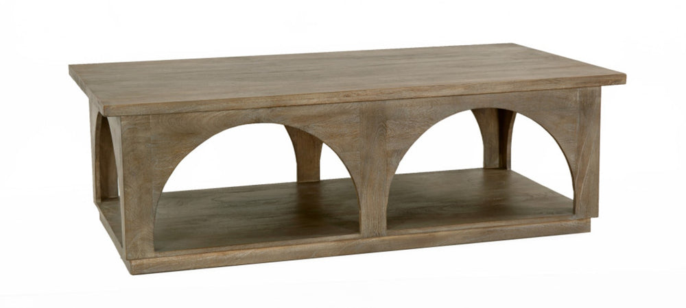 HomeRoots 59" Rustic Solid Mango Wood Coffee Table with Distressed Finish and Stylish Storage Shelf 605493