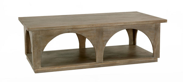 HomeRoots 59" Rustic Solid Mango Wood Coffee Table with Distressed Finish and Stylish Storage Shelf 605493