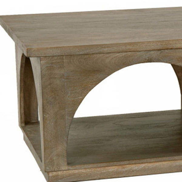 Homeroots 59" Rustic Solid Wood Coffee Table With Shelf - Stylish Distressed Finish & Elegant Carved Details   605493