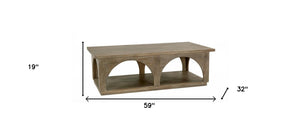 Homeroots 59" Rustic Solid Wood Coffee Table With Shelf - Stylish Distressed Finish & Elegant Carved Details   605493