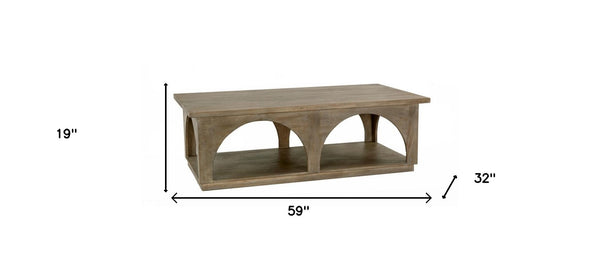 Homeroots 59" Rustic Solid Wood Coffee Table With Shelf - Stylish Distressed Finish & Elegant Carved Details   605493