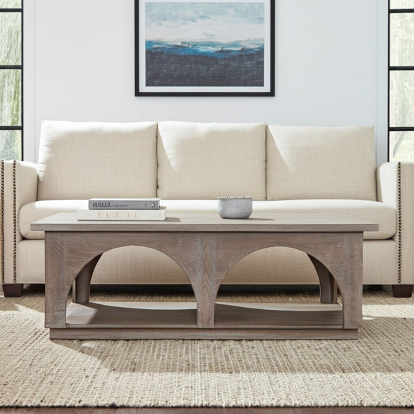 Homeroots 59" Rustic Solid Wood Coffee Table With Shelf - Stylish Distressed Finish & Elegant Carved Details   605493
