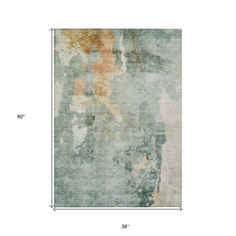 Homeroots 3' Blue Copper And Gray Abstract Washable Area Rug For Indoor Or Outdoor Stylish Decor 3' X 5' Polyester 605494