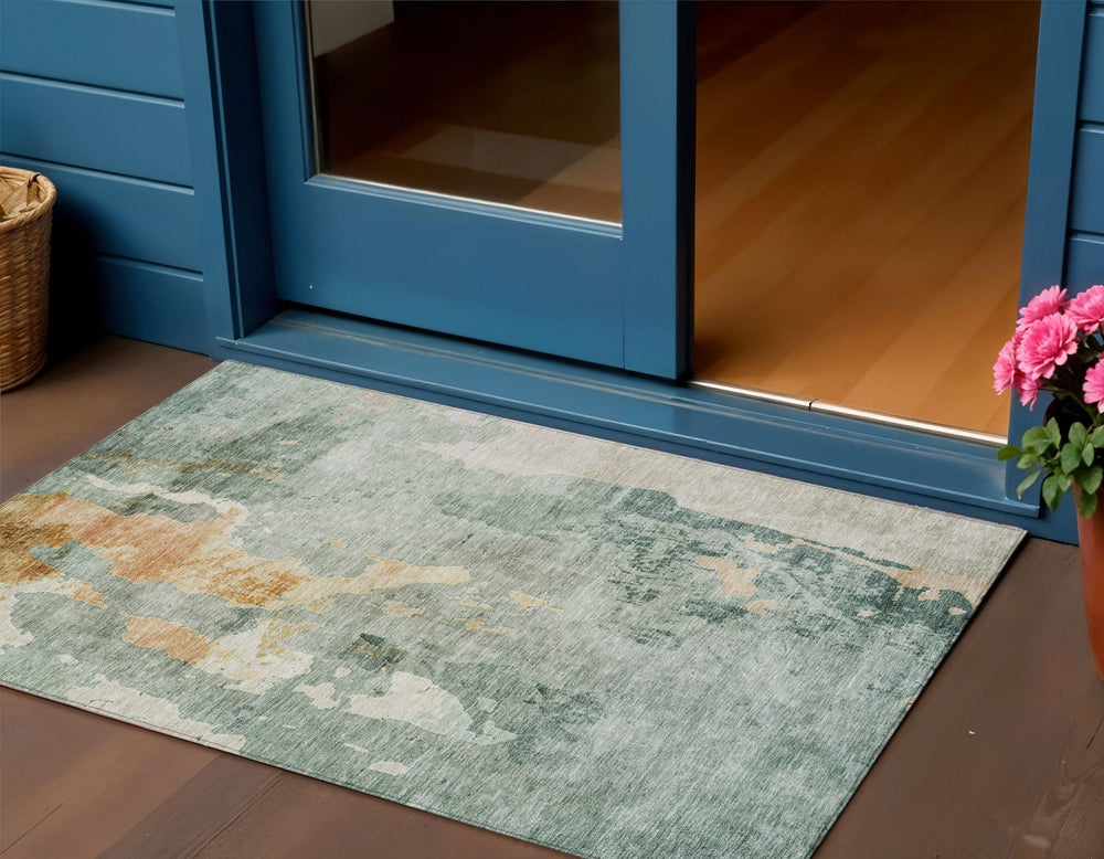 Homeroots 3' Blue Copper And Gray Abstract Washable Area Rug For Indoor Or Outdoor Stylish Decor 3' X 5' Polyester 605494