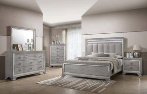 English Elm Modern Queen Size Panel Bed 3pc Set with Tufted LED Headboard, Soft Gray Wood Grain Nightstands, Elegant Storage B2741S00106