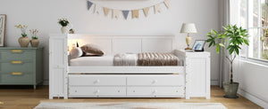 English Elm Full Size Pine Wood Platform Daybed with Led Headboard Desk Storage and Charging White N7090000475K-1