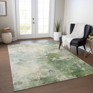 Homeroots 3' Artichoke Green And Ivory Abstract Area Rug - Stylish Washable Indoor/Outdoor Design For All Spaces 3' X 5' Polyester 605500