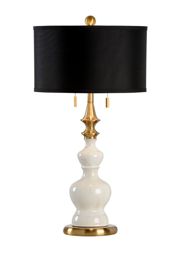 Wildwood Dana Oyster Glazed Table Lamp With Antique Gold Trim, Black Silkette Shade & Double Pull Chain (30.5") 60551