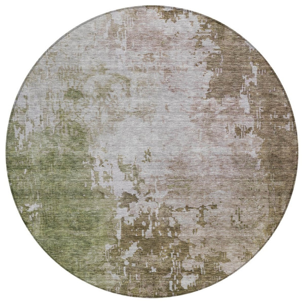 HomeRoots 5' Modern Abstract Washable Area Rug in Brown and Green for Indoor/Outdoor Spaces, Durable Style 8' Round 605514