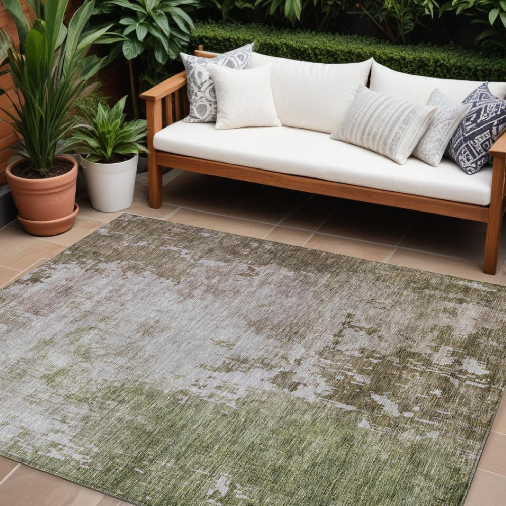 HomeRoots 9' X 12' Brown and Green Abstract Indoor/Outdoor Area Rug – Durable, Washable, Stylish & Versatile 605516