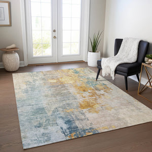 Homeroots 3' Stylish Teal Blue And Copper Abstract Washable Area Rug For Indoor And Outdoor Spaces 3' X 5' Polyester 605518
