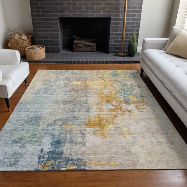 Homeroots 3' Stylish Teal Blue And Copper Abstract Washable Area Rug For Indoor And Outdoor Spaces 3' X 5' Polyester 605518