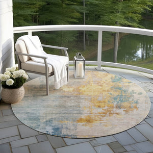 Homeroots 3' Stylish Teal Blue And Copper Abstract Washable Area Rug For Indoor And Outdoor Spaces 8' Round Polyester 605520