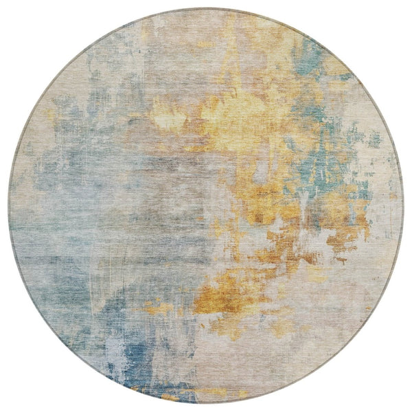HomeRoots 5' Linen Teal Blue and Copper Abstract Area Rug - Stylish, Washable, Stain-Resistant for Indoor/Outdoor Use 8' Round 605520