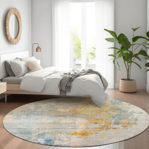 Homeroots 3' Stylish Teal Blue And Copper Abstract Washable Area Rug For Indoor And Outdoor Spaces 8' Round Polyester 605520