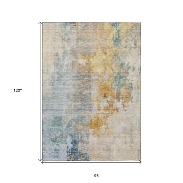 HomeRoots 5' Linen Teal Blue and Copper Abstract Area Rug - Stylish, Washable, Stain-Resistant for Indoor/Outdoor Use 8' X 10' 605521