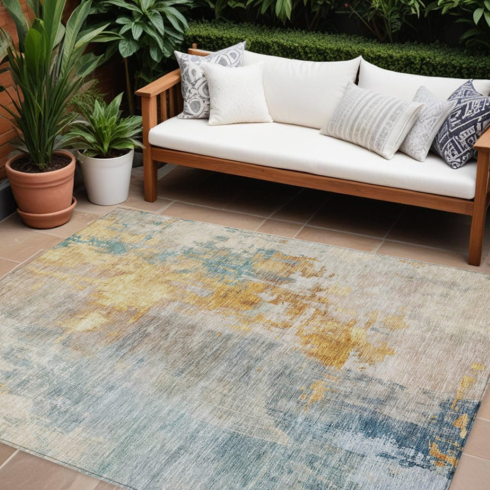 HomeRoots 9' Indoor Outdoor Area Rug in Teal Blue & Copper - Washable, Stain-Resistant, Durable for All Spaces 605522