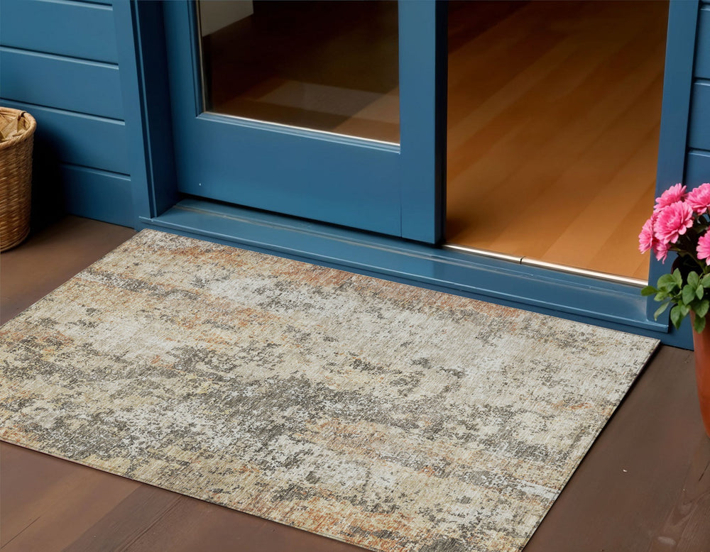 Homeroots 3' Stylish Terra Cotta Beige And Dark Gray Abstract Washable Area Rug For Indoor & Outdoor Use 3' X 5' Polyester 605524