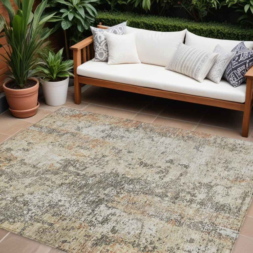 HomeRoots 9' X 12' Stylish Terra Cotta Beige & Dark Gray Abstract Washable Area Rug for Indoor/Outdoor Use 605528