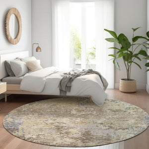 Homeroots 3' Stylish Beige And Brown Abstract Washable Indoor-outdoor Area Rug For Versatile Home Décor 8' Round Polyester 605532