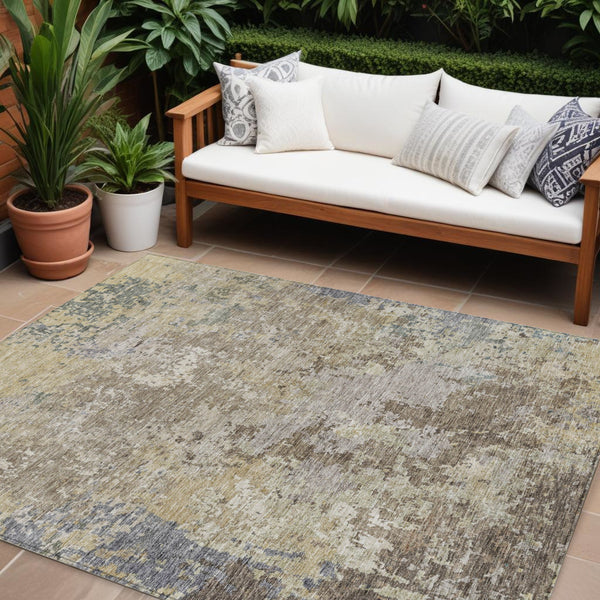 Homeroots 3' Stylish Beige And Brown Abstract Washable Indoor-outdoor Area Rug For Versatile Home Décor 10' X 14' Polyester 605535