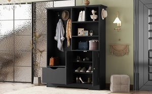 English Elm Multi-functional Entryway Hall Tree with Hooks Bench Drawer Cabinet in Matte Black W1307S00034