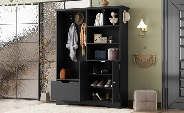 English Elm Multi-functional Entryway Hall Tree with Hooks Bench Drawer Cabinet in Matte Black W1307S00034