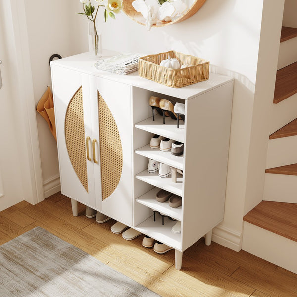 English Elm 20 Pairs Shoe Storage Cabinet White Light Oak with Handwoven Rattan Panels, 8 Adjustable Shelves, Anti-Tip Handles T3833P366595