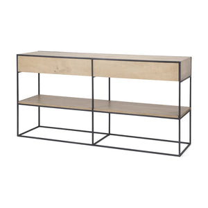 HomeRoots 63" Natural and Black Console Table - Industrial Wood & Metal Design with Drawers & Open Shelf Space 605608