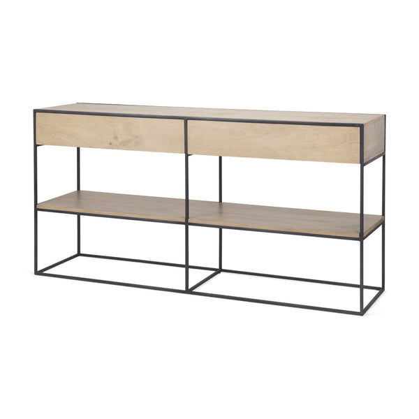 HomeRoots 63" Natural and Black Console Table - Industrial Wood & Metal Design with Drawers & Open Shelf Space 605608