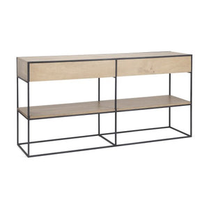 Homeroots 63" Natural And Black Solid Wood Console Table With Metal Frame, Shelf, And Two Drawers For Versatility   605608