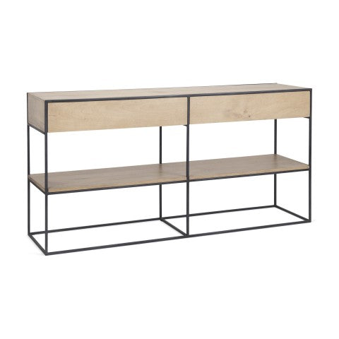 Homeroots 63" Natural And Black Solid Wood Console Table With Metal Frame, Shelf, And Two Drawers For Versatility   605608