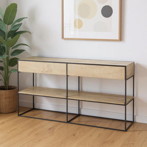 HomeRoots 63" Natural and Black Console Table - Industrial Wood & Metal Design with Drawers & Open Shelf Space 605608